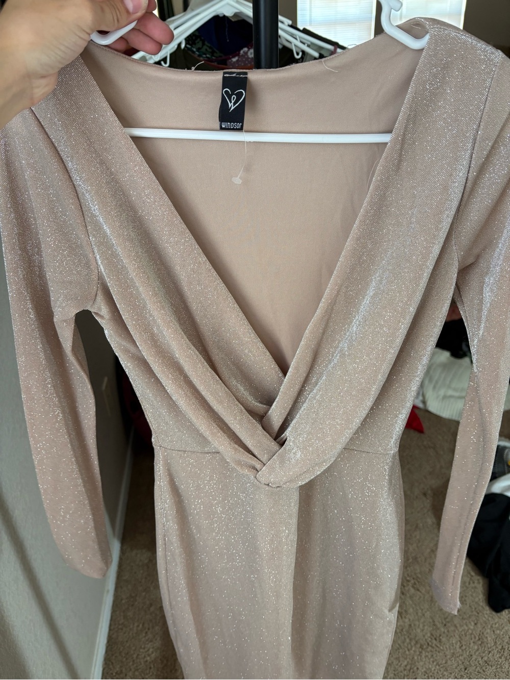 Windsor Sparkling Beige Long-Sleeve Wrap-Detail Dress
